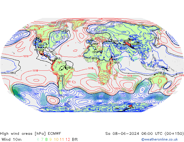 High wind areas ECMWF So 08.06.2024 06 UTC