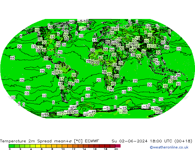 Temperature 2m Spread ECMWF Su 02.06.2024 18 UTC