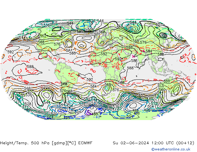 Hoogte/Temp. 500 hPa ECMWF zo 02.06.2024 12 UTC