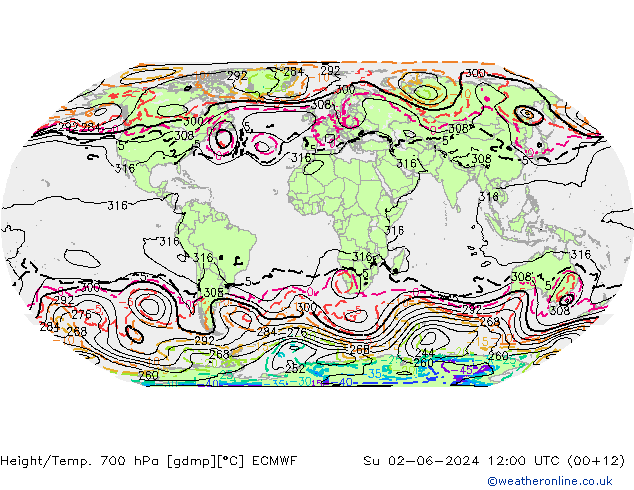 Height/Temp. 700 гПа ECMWF Вс 02.06.2024 12 UTC