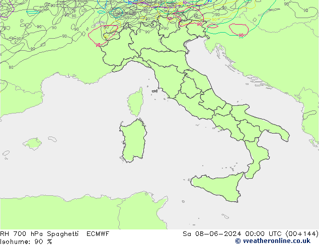 RH 700 hPa Spaghetti ECMWF Sa 08.06.2024 00 UTC