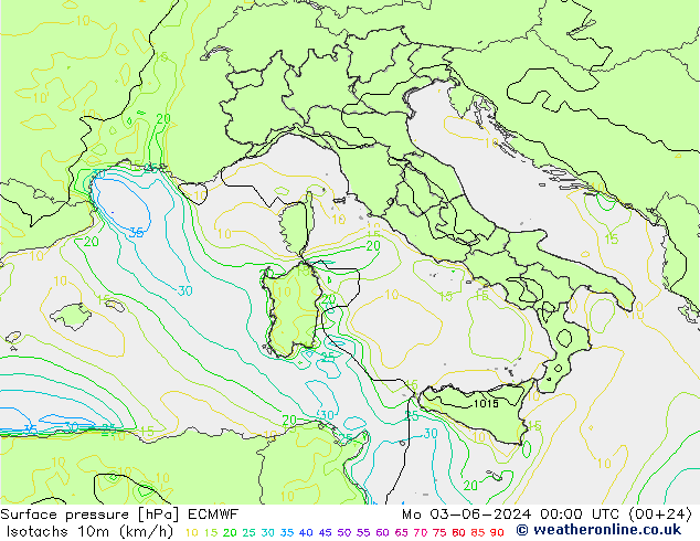 Isotachs (kph) ECMWF пн 03.06.2024 00 UTC