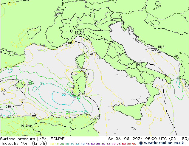 Isotachs (kph) ECMWF So 08.06.2024 06 UTC