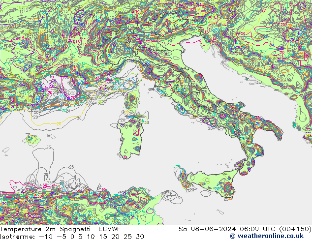 Temperature 2m Spaghetti ECMWF So 08.06.2024 06 UTC