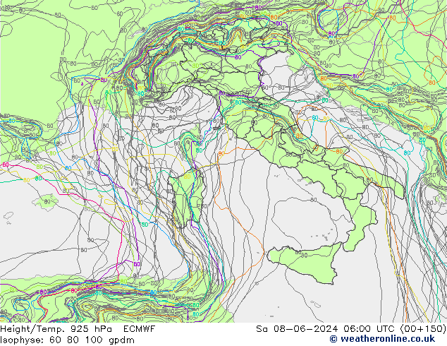 Géop./Temp. 925 hPa ECMWF sam 08.06.2024 06 UTC