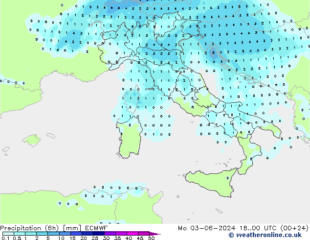 Precipitação (6h) ECMWF Seg 03.06.2024 00 UTC