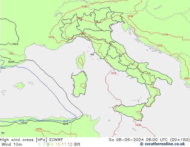 High wind areas ECMWF  08.06.2024 06 UTC