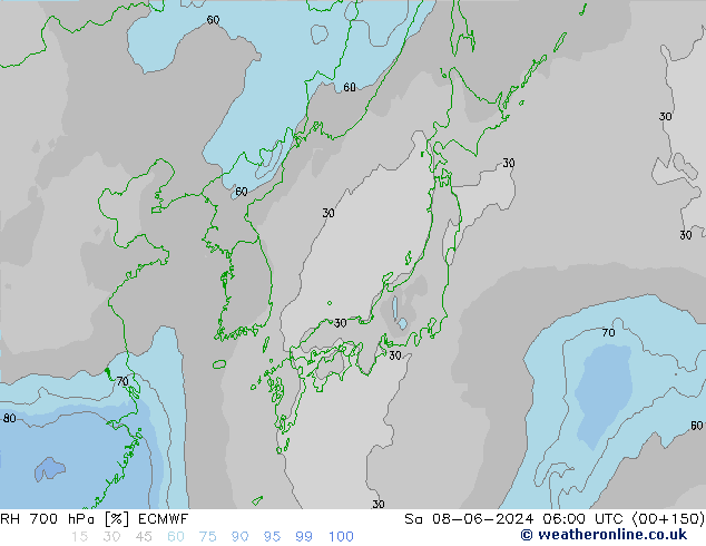 RH 700 гПа ECMWF сб 08.06.2024 06 UTC