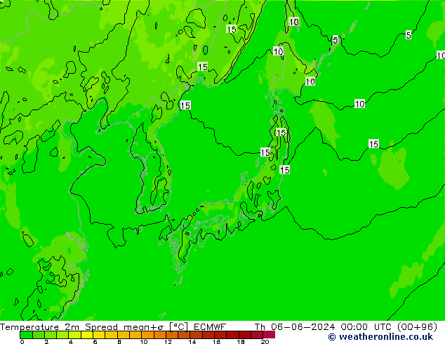 mapa temperatury 2m Spread ECMWF czw. 06.06.2024 00 UTC