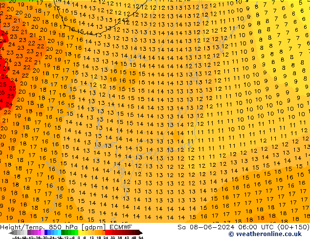 Géop./Temp. 850 hPa ECMWF sam 08.06.2024 06 UTC