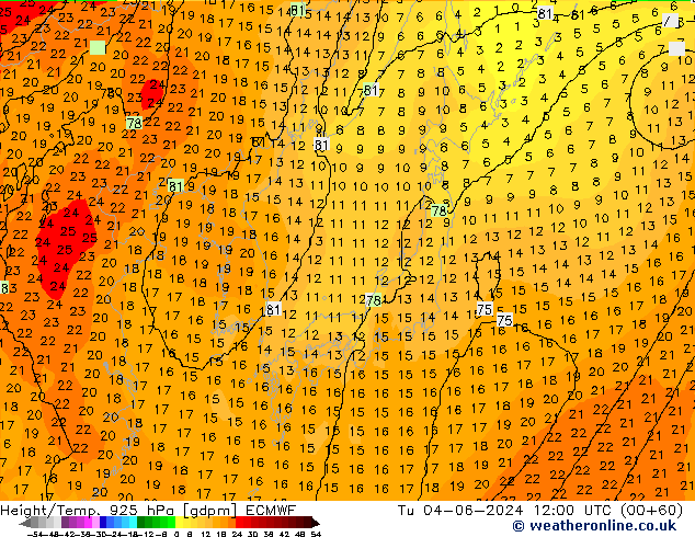 Height/Temp. 925 hPa ECMWF Tu 04.06.2024 12 UTC