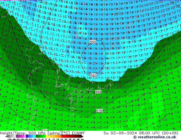 Height/Temp. 500 hPa ECMWF Dom 02.06.2024 06 UTC