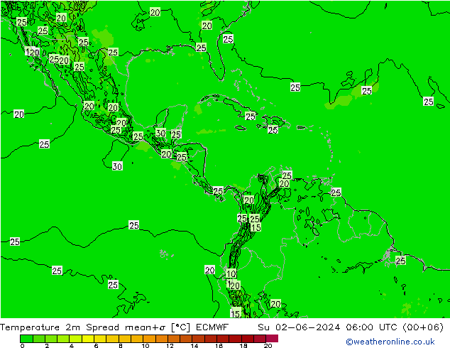 Temperature 2m Spread ECMWF Su 02.06.2024 06 UTC