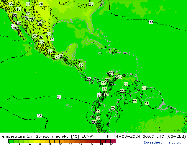Temperatuurkaart Spread ECMWF vr 14.06.2024 00 UTC