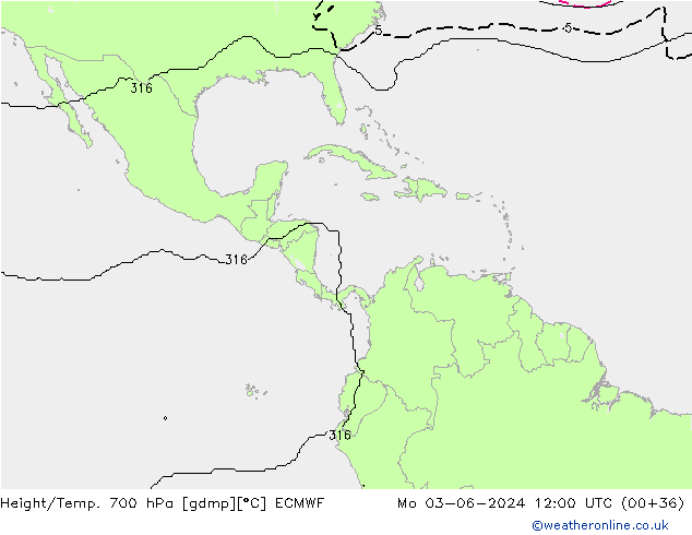 Height/Temp. 700 hPa ECMWF pon. 03.06.2024 12 UTC