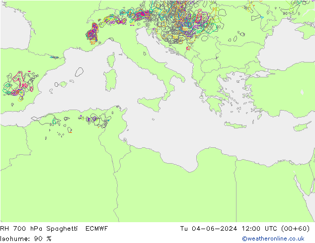 RH 700 hPa Spaghetti ECMWF Tu 04.06.2024 12 UTC