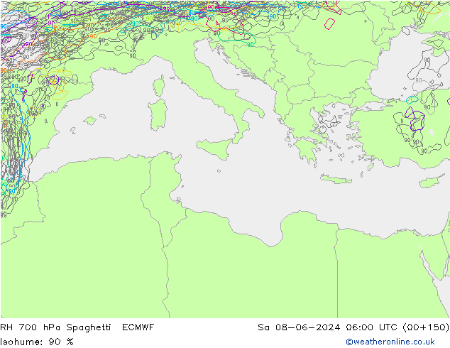 RH 700 hPa Spaghetti ECMWF So 08.06.2024 06 UTC