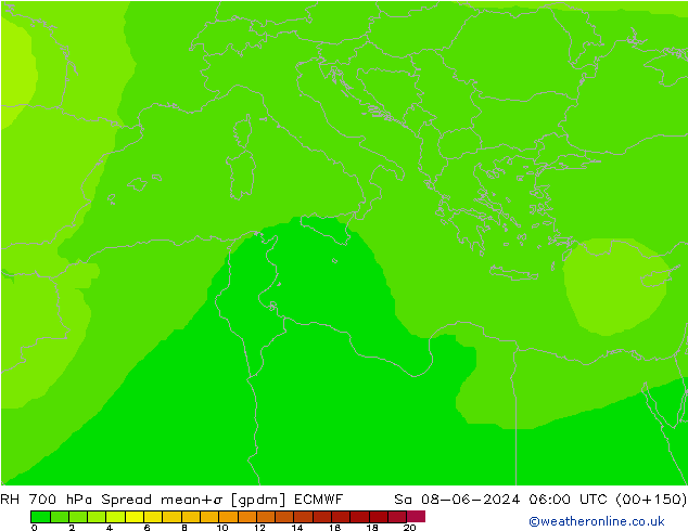 Humedad rel. 700hPa Spread ECMWF sáb 08.06.2024 06 UTC