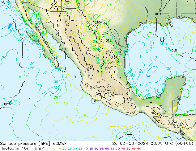 Isotachs (kph) ECMWF Dom 02.06.2024 06 UTC