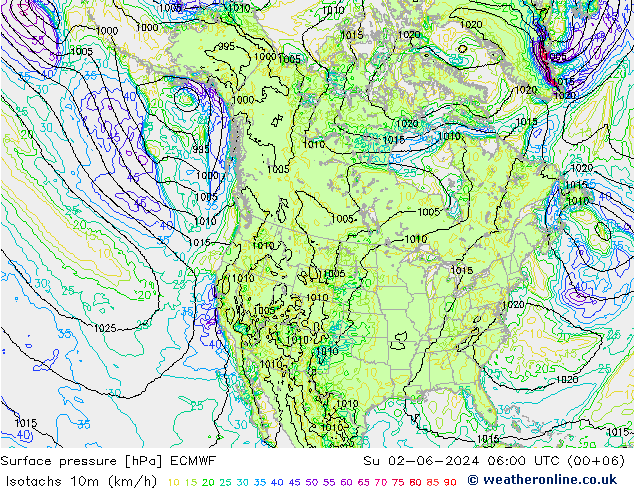 Isotaca (kph) ECMWF dom 02.06.2024 06 UTC