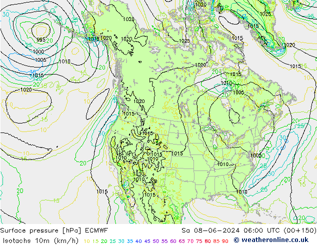 Isotachs (kph) ECMWF Sáb 08.06.2024 06 UTC