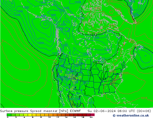 Presión superficial Spread ECMWF dom 02.06.2024 06 UTC