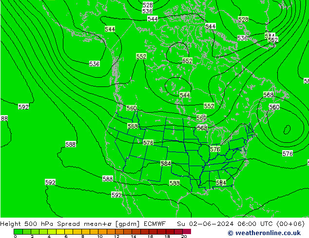 Height 500 hPa Spread ECMWF So 02.06.2024 06 UTC