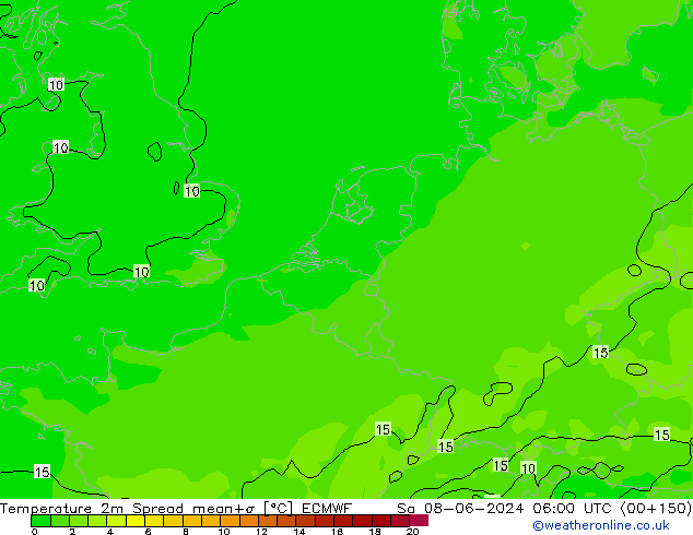 température 2m Spread ECMWF sam 08.06.2024 06 UTC