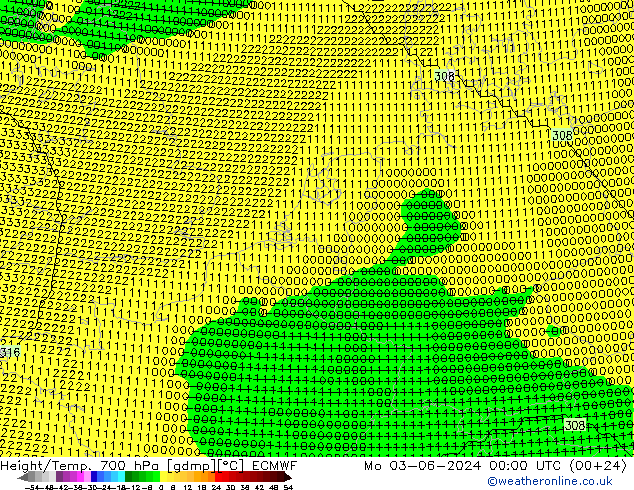 Geop./Temp. 700 hPa ECMWF lun 03.06.2024 00 UTC