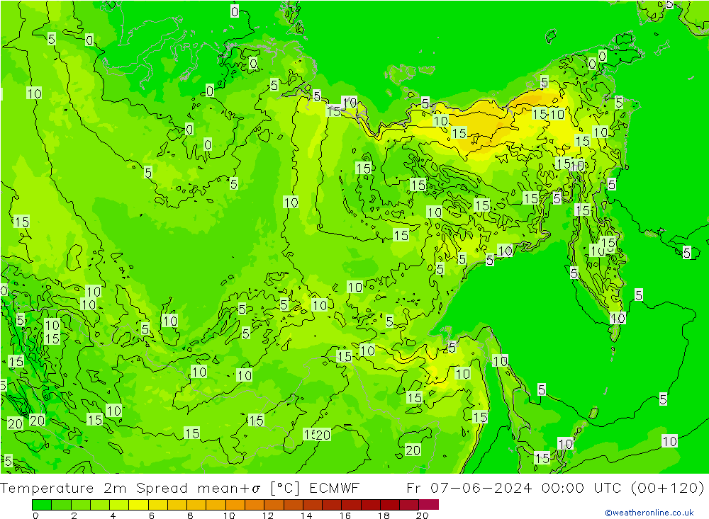 карта температуры Spread ECMWF пт 07.06.2024 00 UTC