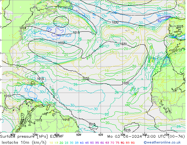 Isotachs (kph) ECMWF Mo 03.06.2024 12 UTC