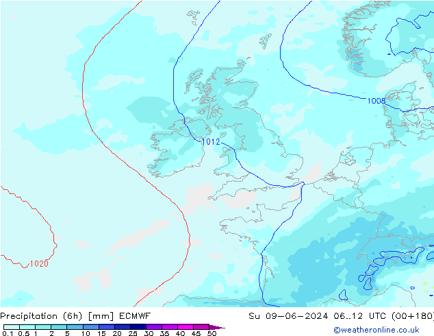 осадки (6h) ECMWF Вс 09.06.2024 12 UTC