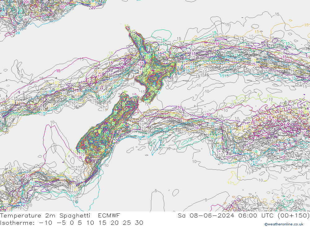 température 2m Spaghetti ECMWF sam 08.06.2024 06 UTC
