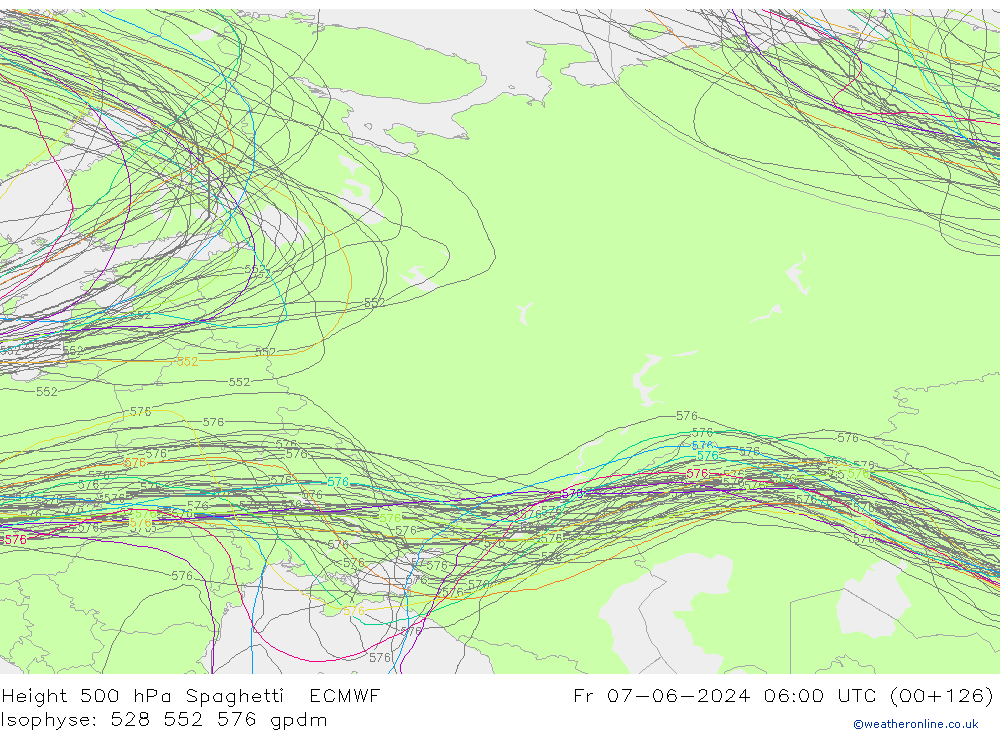 Height 500 hPa Spaghetti ECMWF Fr 07.06.2024 06 UTC