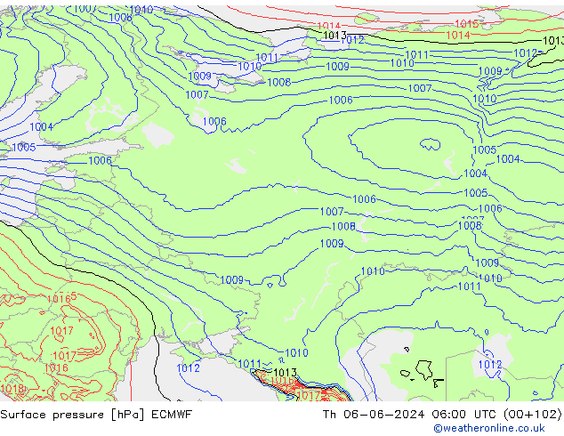 Luchtdruk (Grond) ECMWF do 06.06.2024 06 UTC