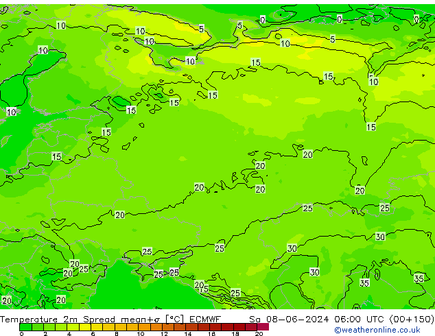 Temperature 2m Spread ECMWF Sa 08.06.2024 06 UTC