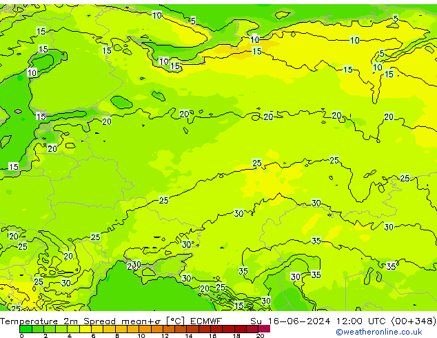 Temperatura 2m Spread ECMWF dom 16.06.2024 12 UTC