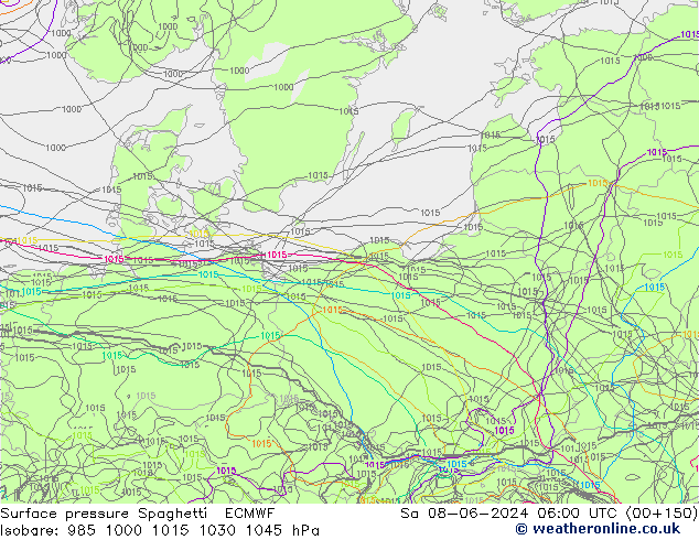 Luchtdruk op zeeniveau Spaghetti ECMWF za 08.06.2024 06 UTC