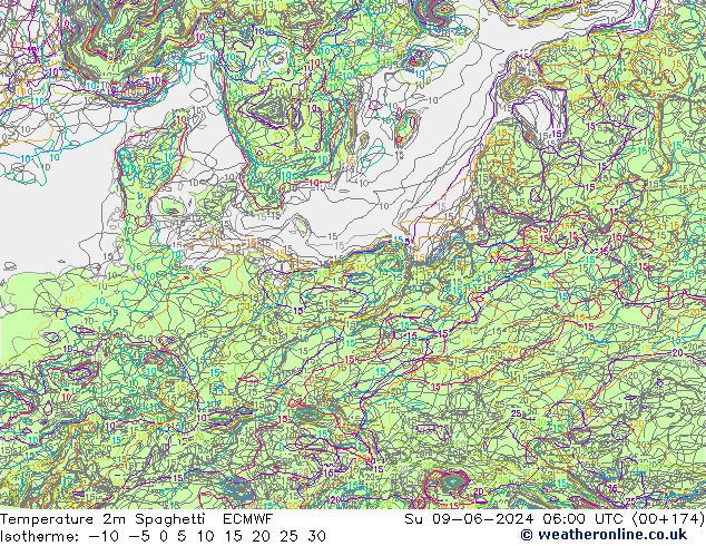 Temperatura 2m Spaghetti ECMWF Dom 09.06.2024 06 UTC