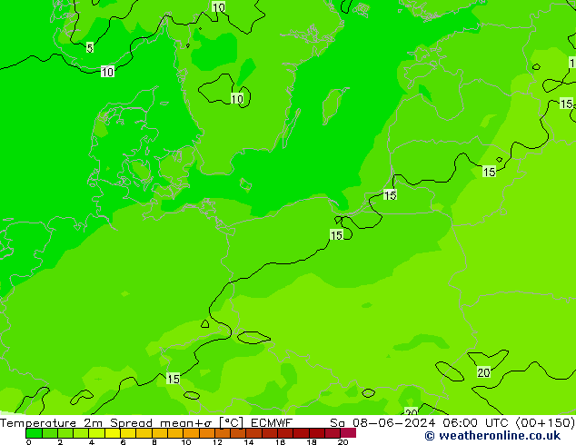 température 2m Spread ECMWF sam 08.06.2024 06 UTC