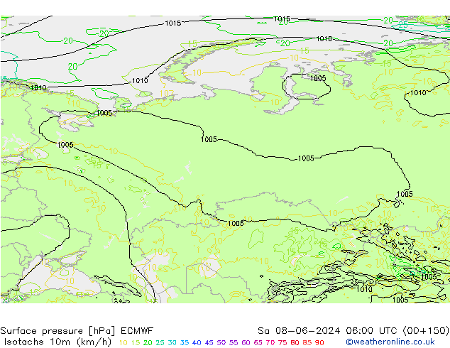Isotachs (kph) ECMWF sam 08.06.2024 06 UTC