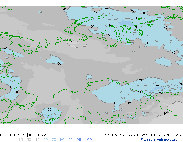 Humedad rel. 700hPa ECMWF sáb 08.06.2024 06 UTC