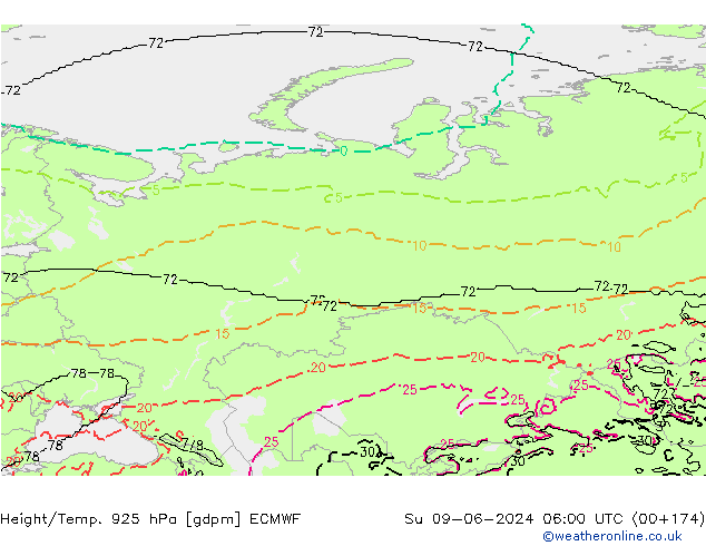 Hoogte/Temp. 925 hPa ECMWF zo 09.06.2024 06 UTC