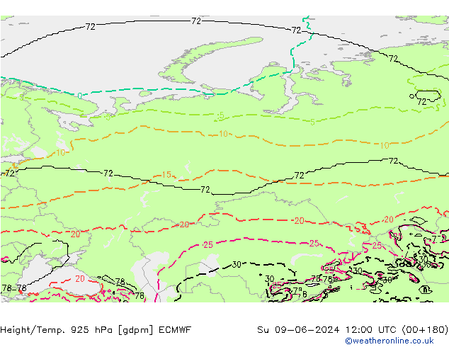 Height/Temp. 925 hPa ECMWF Dom 09.06.2024 12 UTC