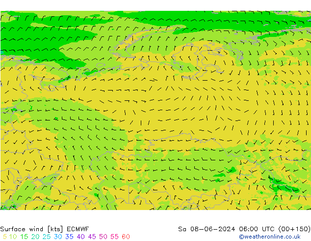 ветер 10 m ECMWF сб 08.06.2024 06 UTC