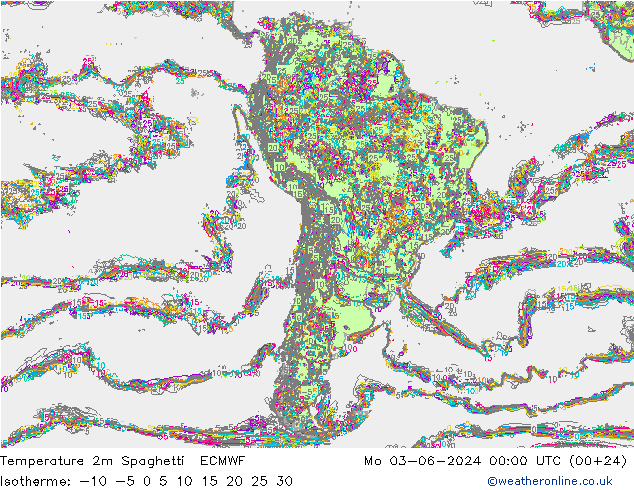 Temperatura 2m Spaghetti ECMWF lun 03.06.2024 00 UTC