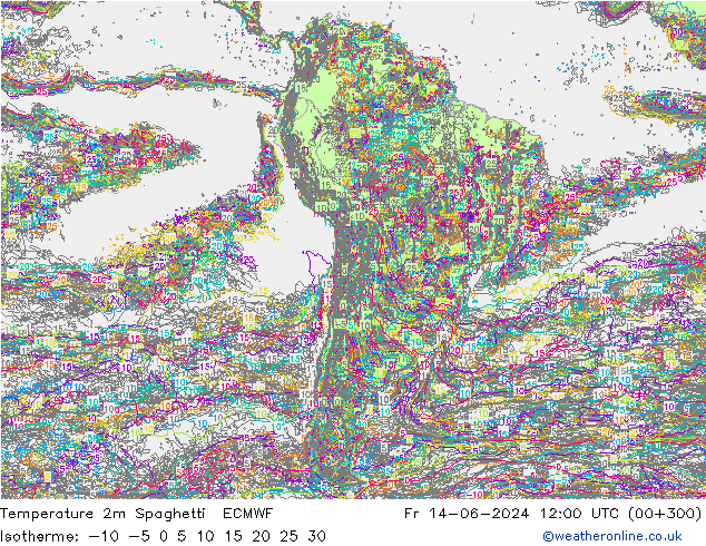 température 2m Spaghetti ECMWF ven 14.06.2024 12 UTC