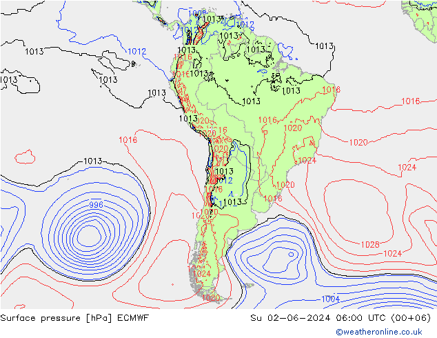 Presión superficial ECMWF dom 02.06.2024 06 UTC