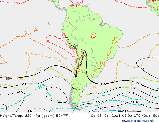 Geop./Temp. 850 hPa ECMWF sáb 08.06.2024 06 UTC