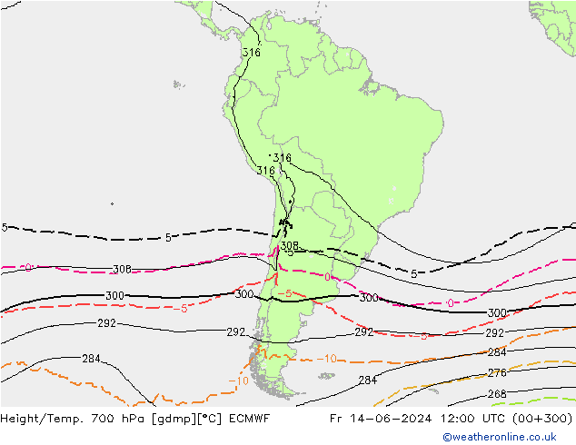 Height/Temp. 700 hPa ECMWF  14.06.2024 12 UTC